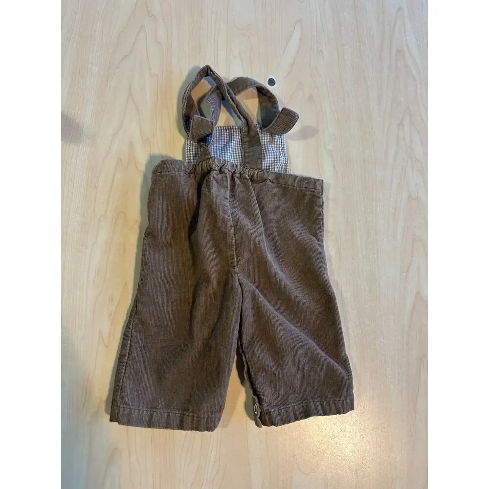 Vintage Baby Brown Corduroy Overalls Gingham Lined Snap Crotch 6-9 Months